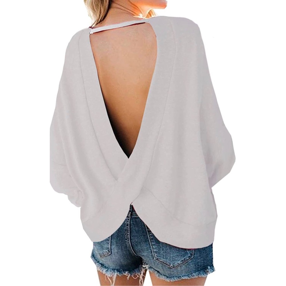 Women's Backless Loose Shirt Long Sleeve Open Back Cross Tee Top Blouse